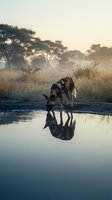 African wild dog drinking at waterhole with reflection during golden hour sunrise in savanna grassland with acacia trees and morning mist.