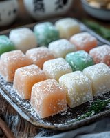 Colorful mochi desserts dusted with powdered sugar arranged on rustic ceramic plate. Traditional Japanese sweets in pastel pink, green and white colors. Close up food photography.
