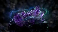 Purple amethyst crystal cluster formation with cosmic starry space background for spiritual healing meditation and gemstone collection displays.