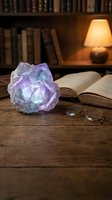 Purple fluorite crystal cluster on open book with reading glasses in cozy library setting with warm lamp light and wooden desk for meditation study.