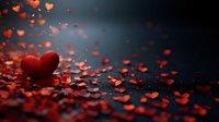 Red glittering heart on dark background with scattered small heart shapes creating romantic atmosphere for Valentine's day cards and love messages.