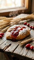 Freshly baked cranberry pastry dusted with powdered sugar on rustic wooden table with wheat stalks and scattered berries in warm kitchen setting.