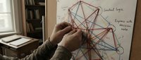 Hands holding red string connected to pins on whiteboard showing network connections and logic diagram for business strategy planning and problem solving.