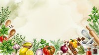 Culinary herbs, fresh vegetables and cooking utensils arranged on neutral background for food styling, recipe development and kitchen design projects.