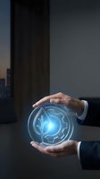 Businessman holding glowing holographic brain and gear symbol, representing artificial intelligence, innovation, and digital technology solutions for corporate business applications.