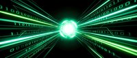 Digital data streams converging toward bright green energy core with binary code and light rays on black background for technology concepts.