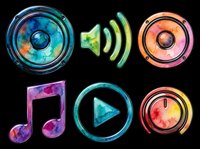 Colorful watercolor music icons set with speaker, sound waves, musical notes, and play button isolated on transparent background. Ready for t-shirt design, stickers, clipart, and print-on-demand projects.