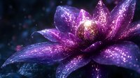 Glowing purple lotus flower with sparkling particles and luminous center against dark blue bokeh background, suitable for wellness and spiritual design projects.