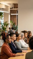 Diverse group of women sitting together at wooden table in modern office space with brick wall and natural lighting, representing teamwork, collaboration, and professional development.