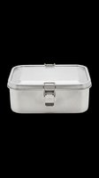 Stainless steel lunch box with locking clasp, isolated on transparent background. Ready for print on demand, stickers, clipart, T-shirt design, and sublimation use.