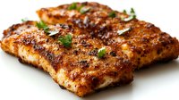 Grilled salmon fillets with crispy seasoned crust and fresh herbs garnish on white background, close up view showing flaky texture and caramelized surface.