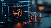 Medical monitor showing heart rate graph in neon orange with prescription medication pills scattered on dark surface, healthcare technology concept.