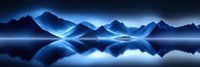 Glowing blue light streams across tranquil mountain lake landscape with perfect mirror reflection creating symmetrical abstract panoramic view in dark night.