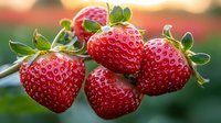 Fresh ripe strawberries growing on branch with green leaves against blurred background, macro shot showing detailed texture of juicy red berries in garden.