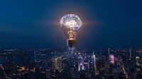 Giant glowing lightbulb floating above illuminated city skyline at night representing innovation, creativity and bright ideas for business concepts.