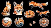 Foxes in various poses and styles, including sitting, head portrait, jumping, running, sleeping, and decorative mandala design with paw prints, all isolated on transparent background ready for t-shirt design, clipart, stickers, sublimation and print-on-demand projects.