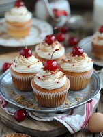 Vanilla cupcakes with cream cheese frosting topped with fresh cherries on glass cake stand for bakery dessert menu and celebration treats.