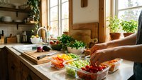 Hands preparing fresh vegetable salad in rustic kitchen with natural lighting and wooden countertops for healthy cooking and meal preparation.
