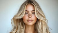 Young Caucasian woman with long wavy blonde hair and natural makeup looking directly at camera against light background, fresh glowing skin and subtle smile.