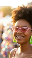 Young Black woman with afro hair smiling at outdoor music festival, wearing pink cat-eye sunglasses and neon green earrings in golden hour light.