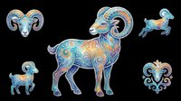 Ornamental ram and goat designs with decorative blue and gold patterns, isolated on transparent background. Ready for t-shirt design, clipart, stickers, sublimation, and print-on-demand products.