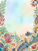 Colorful floral border frame with gold outlines on soft watercolor background, featuring teal, pink and orange botanical elements.