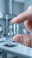 Scientist holding transparent capsule with DNA helix structure in modern laboratory for genetic research and biotechnology applications.