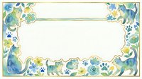 Watercolor floral frame with cute cats and paw prints in blue and green tones, gold border, blank center space for text or design.