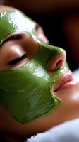 Young Asian woman with green facial mask treatment during spa procedure, side view close-up showing relaxed expression and glowing skin.