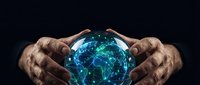Hands protecting glowing digital Earth with network connections symbolizing global technology, environmental protection, and worldwide connectivity.
