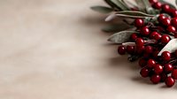 Fresh red winter berries with green leaves on beige textured background, festive holiday composition with copy space for seasonal designs.