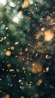 Magical golden particles and bokeh lights floating in dark green atmosphere create dreamy abstract background for festive designs and holiday projects.