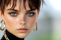Young woman with fair complexion, freckles, and striking green eyes wearing gold hoop earrings and black clothing. Suitable for beauty, fashion, and portrait projects.