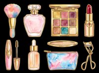 Watercolor makeup collection with brush, perfume, eyeshadow palette, lipstick, mascara, serum, compact, cosmetic bag, and lash curler, isolated on transparent background, ready for stickers and print on demand.