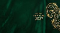 Happy New Year 2027 greeting card with golden ram symbol on elegant dark green velvet background, suitable for festive celebrations and seasonal marketing campaigns.