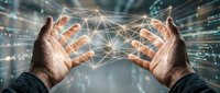 Two hands holding glowing network connections with digital lines and nodes, representing data transfer, technology innovation, and global communication in business and connectivity concepts.
