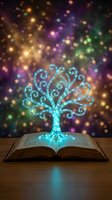 Glowing neon tree with ornate branches emerging from open book against bokeh background with warm and cool light particles, symbolizing knowledge, imagination, learning, and growth for educational and inspirational concepts.