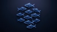 Glowing blue geometric fish shapes swimming in formation against dark background, creating luminous digital art effect for modern technology designs.