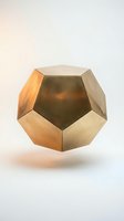 Golden metallic dodecahedron geometric shape with reflective faceted surfaces on neutral background for modern design and luxury branding projects.