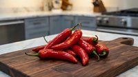 Fresh red hot chili peppers piled on a rustic wooden cutting board in a modern kitchen with marble countertop.