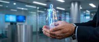 Businessman holding digital human hologram with glowing neural network connections in modern office environment for healthcare technology and innovation concepts.