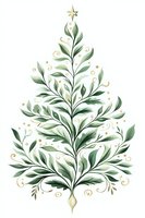 Botanical Christmas tree made of watercolor green leaves and gold swirls on white isolated background, topped with star. Elegant holiday art for cards and decor.