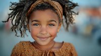 Young African American girl with natural dreadlocks wearing brown knitted sweater and headband smiling warmly at camera with bright blue eyes and joyful expression.