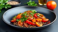 Healthy buckwheat bowl with roasted vegetables, cherry tomatoes and fresh herbs on dark plate. Nutritious grain salad for clean eating and wellness lifestyle.