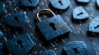 Metal padlock on digital circuit board background with scattered lock shapes, representing cybersecurity and data protection in technology environment.