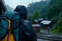 Hiker in waterproof gear with backpack standing in rain, observing traditional houses in mountain village. Moody atmospheric outdoor adventure scene.