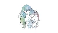 Tender mother with long flowing hair holding newborn baby in loving embrace, soft pastel colors on white background for maternal designs.