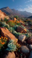 Desert landscape with vibrant wildflowers and succulents growing among red rocks, mountains rising in background under clear blue sky with scattered clouds.