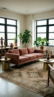Modern living room with terracotta sofa, black-framed windows, potted plants, brass side tables, and patterned area rug for interior design and home decor projects.