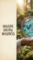 Unrecognizable person holding glowing crystal sphere with digital wellness icons in forest setting, representing holistic health technology integration and sustainable living practices.